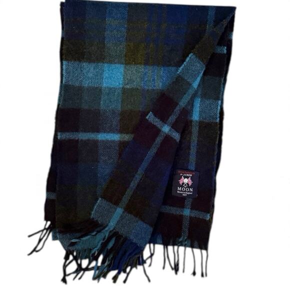 J Crew By Moon England Mens Merino Wool Blue Plaid Knit Scarf Fringe - Picture 2 of 9